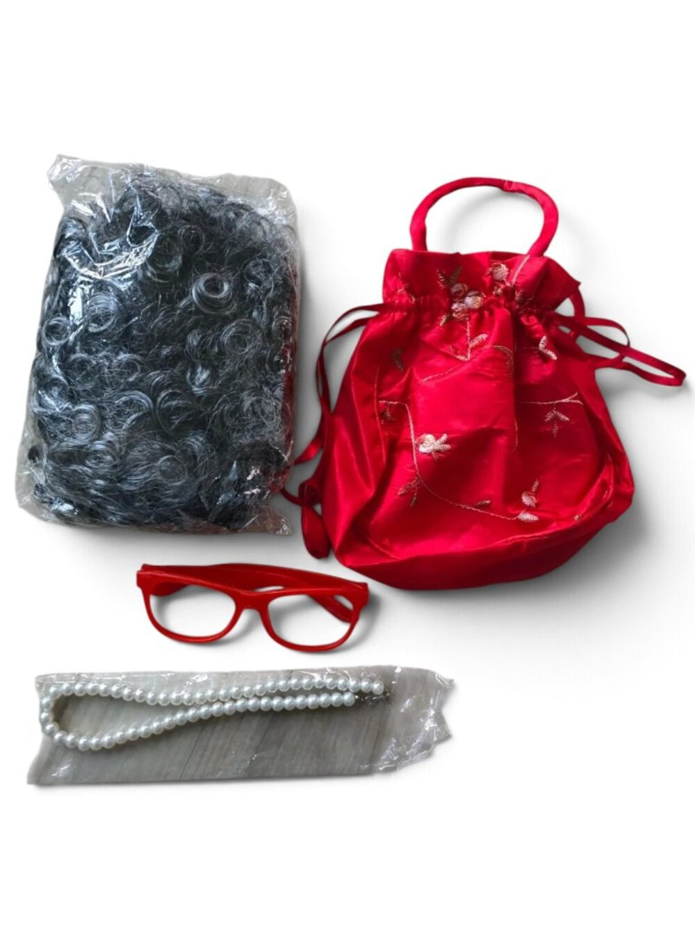 Old Lady Costume Accessory Kit Wig, Red Glasses w/ Pearl Holder, Embroidered Bag